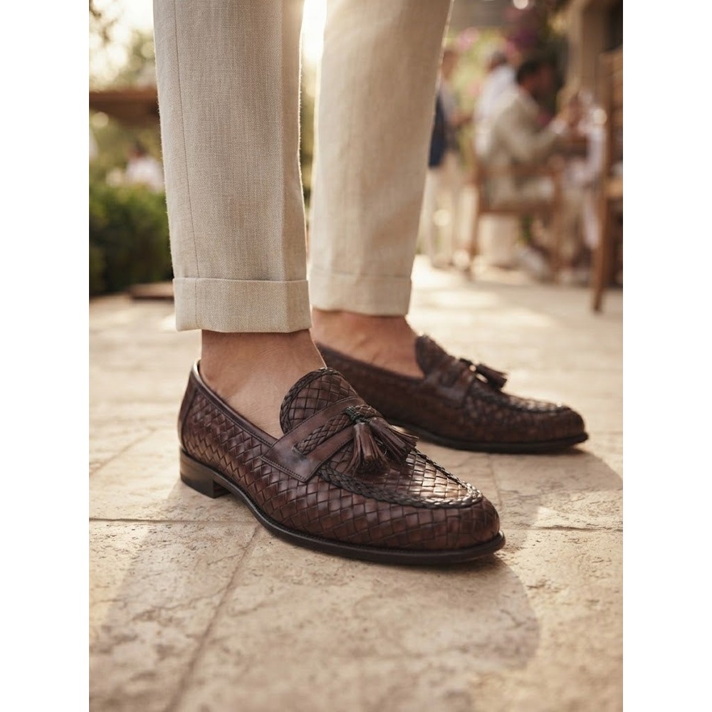 Johnston & Murphy Tassel Loafers Mens 11.5 M Brown Woven Leather Made in Italy